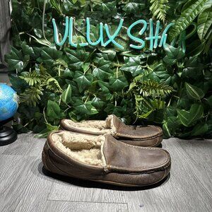UGG Mens Ascot Brown Leather Sheepskin Moccasin Loafer Slipper Size 10